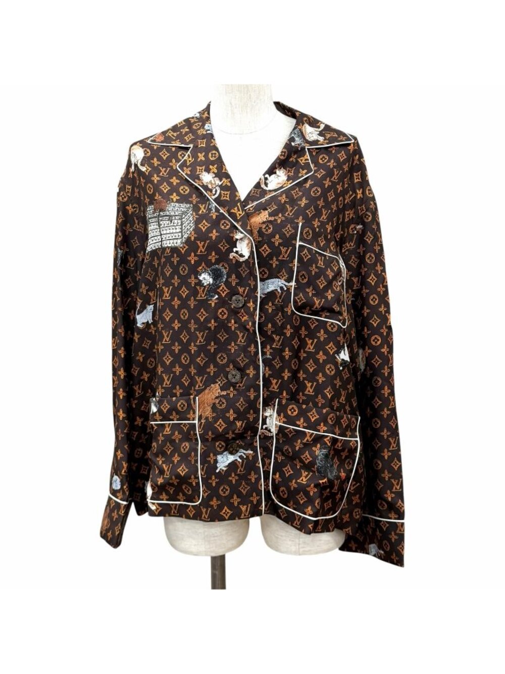 Louis Vuitton Silk 100% Monogram Button Cat Glam Long Sleeve Shirt Brown 36